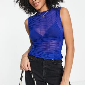 Topshop Ruched Mesh Sleeveless Top in Blue